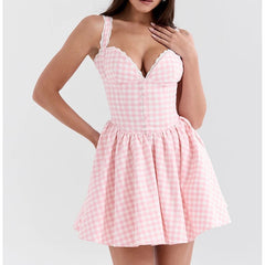 Sexy Elegant Pink Sling Mini Dress For Women Lace Trim Slim Summer Holiday Dresses Graduation Robe Bridesmaids Clothes