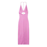 Summer Women Side Slit Front Hollow Out Satin Halter Long Dresses Sexy Backless Party Vestidos