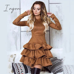 Ingvn - BornToGirl Woman Vintage Dress Spring Autumn Winter Women's Long Sleeve Black Brown Sky Blue Suede Dress robe femme