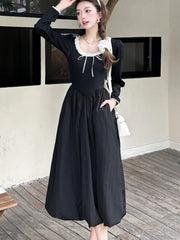 Autumn Sweet Black Midi Dresses for Women Elegant Long Sleeve Female Clothes Evening Party Dress Prom Robe Slim A-Line Vestidos