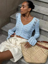 Knitwear Hollow Out Sweater Cardigan Women V-Neck Long Sleeve See-Through Cropped Top Summer Knit Patchwork Cardigan Top