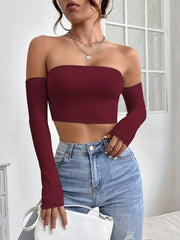 Sexy Women's Off Shoulder Long Sleeve Crop Top, Bodycon Fit Solid T-shirt, Y2K Style