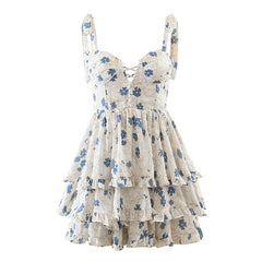 Voguable Summer Sexy Sling Dress Women Floral Print Layer Ruffle Cake Mini Dress Sweet Ladies Holiday Party Short Robe Chic Vestido