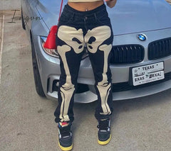 Ingvn - Hot Sell Quality Gitana Autumn Skeleton Print Vintage Women's Jeans Low Waist Pants Streetwear Denim Jeans Casual Baggy Jeans Outfits
