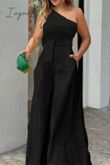 Ingvn - Casual Simplicity Solid Pocket Frenulum Asymmetrical Oblique Collar Loose Jumpsuits