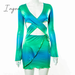 Ingvn - Sexy Tie Dye Bodycon Mini Dress Women Hollow Out Long Sleeve Mesh Skinny Club Outfits Summer Beach Party Sundress
