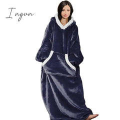 Ingvn - Women's Pajamas Nightgown Wearable Blanket Hoodie Blanket Pure Color Warm Comfort Oversized Home Daily Bed Fleece Hoodie Long Sleeve Hoodie Winter Fall Lake blue Deep Pink