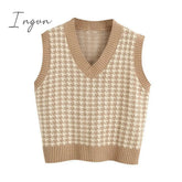 Ingvn - Fashion Women Knitted Vest Pullovers V Neck Sleeveless Houndstooth Knitted Jumper Pullovers Korean Loose Plaid Sweater Vest