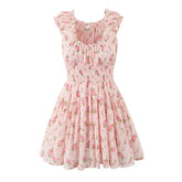 Sweet Women Pink Floral Print Mini Dress Sexy Off Shoulder Short Sleeve Elastic Waist Holiday Party Dress Summer Robe