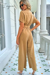 Ingvn - Tie Belt Buttoned Short Sleeve Collared Neck Jumpsuit