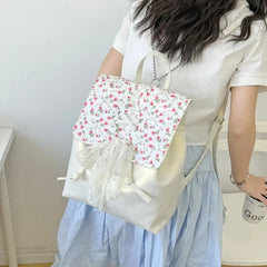 Ingvn Elegant Fashion Womens Backpack Flower Korean Style Casual Bow Sweet Small Backpack Pu Leather Luxury Female Aesthetic Bags