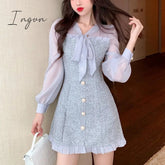 Ingvn - New Spring Vintage Sexy See-through Chiffon Patchwork Tweed Mini Dress Women Ribbon Bow Single-breasted Long Sleeve Party Dress
