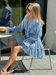 Ingvn Fall V-neck Flare Sleeve Ruffles Short Dresses Streetwear Women's High Waist Lace-up Tunics Ruched A-line Pink Party Dress