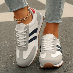 Women's Fashion Sneakers - Breathable & Lightweight, Lace-Up Casual Sneakers with Red & Blue Stripes, Comfortable Soft Sole