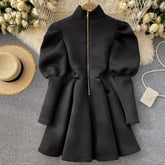 Ingvn - Autumn Winter Puff Long Sleeve Dresses For Women Party Christmas Turtleneck Slim A-Line Elegant New Year Woman Red Dress