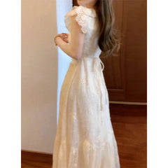 French Style Solid Color Summer Dress Women's Knee-Length Sleeveless Holiday Beach Vacation Skirt Short Flounce Sleeve
