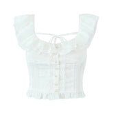 Women Hollow Out Embroidery White Tank Top Lace Trim Flying Sleeve Female Summer Crop Top Holiday