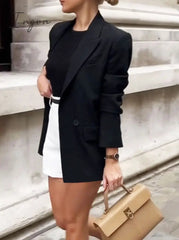 Ingvn - Women Fashion Solid Double Breasted Blazers Female Elegant Long Sleeves Loose Jacket Coats Office Ladies Outerwear Top