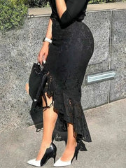 Ingvn - Fashion Trends Women Black Lace Skirt High Waist Slim Midi Modest Classy Irregular Length Female Package Hip Jupes Falad Office Elegant Fashion