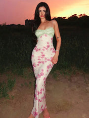Lace Print Spaghetti Strap Sexy Maxi Dress Women Elegant Off-shoulder Sleeveless Backless High Waist Bodycon Dress