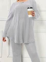 Plus Size Long-Sleeve Cozy Women's Solid Ribbed Lounge Set, Casual Style Homewear Outfit For Fall/Winter
