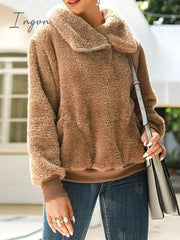Ingvn - Women's Sweatshirt Pullover Fuzzy Teddy Pocket Quarter Zip Pink Green Khaki Solid Color Street V Neck Long Sleeve Fleece Top Micro-elastic Fall & Winter