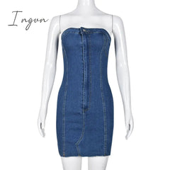 Ingvn - Blue Strapless Denim Mini Dress Women Sexy Off Shoulder Backless Y2K Sheath Tube Dresses Streetwear Club Party Outfits