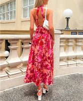 Sleevelss Halter Maxi Summer Dress for Women Sexy Backless Beach Pink Boho Robe Femme Lace Up Sundress Floral Dress