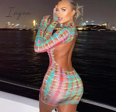 Ingvn - Sexy Backless Serpentine Print Mini Bodycon Dress Women Fall Chic Package Hip Streetwear Female Casual Party Club Clothes