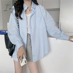 Ingvn - Prink Shirt for Women 2023 New Long Sleeve Turn Down Collar Oversized Blouses Office Ladies Korean Fashion Casual Top