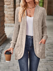Cozy Rib Knit Cardigan for Women - Soft & Stylish Solid Open Front Sweater with Pockets - Casual Long Sleeve Fashion Clothing