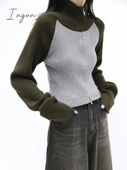 Ingvn - Cropped Cardigan Women Sweater Fashion Korean Knitwears Patchwork Turtleneck Tunic Jackets Sueter Mujer Sweaters Coat Y2k Tops