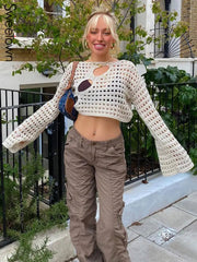 Ingvn - Hot Sell Irregular Hollow Out Knitted Y2K T-Shirts Women Summer Vacation Clothes O Neck Flare Sleeve See Through Casual Tops