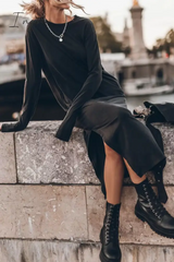 Ingvn - Casual Solid Slit O Neck Long Sleeve Dresses