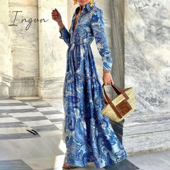 Ingvn - Summer Loose Boho Maxi Beach Dress Sexy Turn-down Collar Button Long Shirt Dress Women Spring Floral Print Pleated Party Dresses