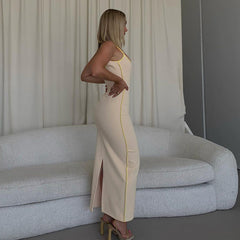 Bright Line Decoration Slip Backless U Neck Skinny Maxi Dress Spring Bodycon Fashion Y2K Streetwear Outfits