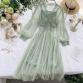 Ingvn - Women Mesh Lace Crochet Dresses V-neck Elegant Prom Puff Sleeves Dress Women Summer Dot Prom Party Sexy Slim Swing Long Dress