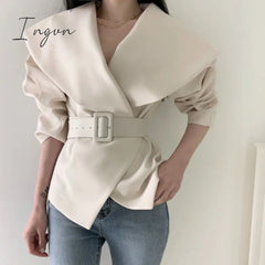 Ingvn - Women Spring Autumn Short Blazer Coat with Belt Big Lapel Collar Female Full Sleeve Cardigan Outerwear