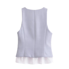 Women Patchwork Striped Temperament Vest Front Button V Neck Sleeveless Waistcoat Spring Summer Chic Tops