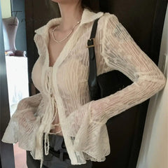 Ingvn - Sexy Transparent Blouse Women Lace Korean Fashion Harajuku Long Sleeve See Through Black Goth Slim Shirts Y2k Aesthetic