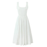 Elegant Women Sexy Backless O Neck White Tank Dress Pleated Swing Hem A-line Midi Summer Dress Lace Up Sundress Holiday