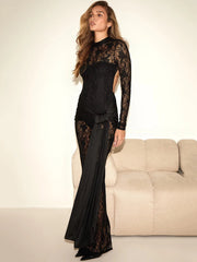 Lace See Through Sexy Maxi Dress For Women Gown Fashion Backless Long Sleeve Bodycon Ruched Club Long Dress Vestido