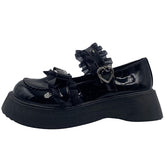 Lucyever Sweet Lace Bowknot Lolita Shoes Women Heart Buckle Patent Leather Mary Janes Woman Round Toe Platform Flats Shoes