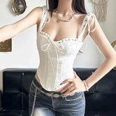 Women Vintage Corset Tank Tops Casual Drawstring Bow Sleeveless Shirt Basic Vest Y2k Aesthetic Crop Tops Clothes for Streetwear