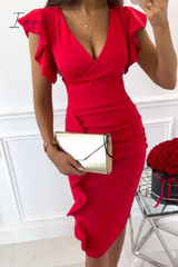 Ingvn - Fashion Elegant Solid Flounce Fold V Neck Wrapped Skirt Dresses(9 colors)