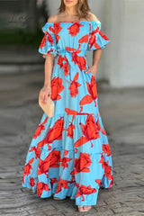 Ingvn - Street Elegant Floral Fold Off the Shoulder Printed Dress Dresses
