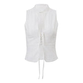 y2k Tank Top Women Summer Clothes White Flower Embroidery Mock Neck Front Cutout Sleeveless T Shirt Vest Streetwear