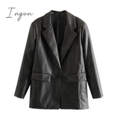 Ingvn - Women Fashion Faux Leather Pockets Loose Blazer Coat Vintage Long Sleeve Back Vents Female Outerwear Chic Tops
