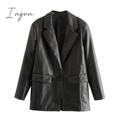 Ingvn - Women Fashion Faux Leather Pockets Loose Blazer Coat Vintage Long Sleeve Back Vents Female Outerwear Chic Tops