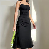 Fashion Strappy Ruched Sexy Black Dress Irregular Elegant Backless Long Dress Party Summer Dresses Women Clothes